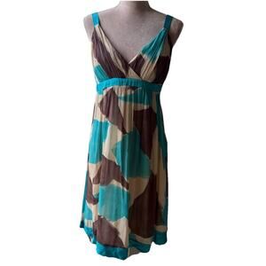 Vintage Sue Wong Y2K 100% Silk Teal Brown Floral Knee Length Midi Dress Size 12
